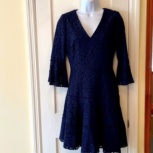 Eliza J Lace Fit Flare Dress Womens 6 Navy Blue Party Guest Feminine Holiday - Picture 1 of 17